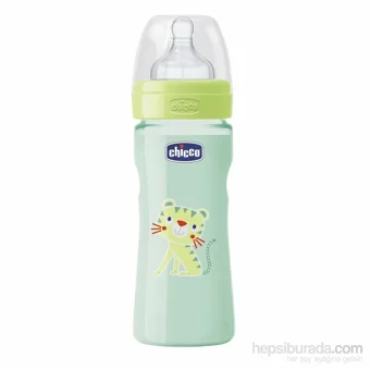 Chicco Well-Being Polipropilen Gaz Yapmayan Antikolik Kulpsuz 2+ Ay Desenli Yeşil Yuvarlak Uçlu Bebek Biberon 250 ml