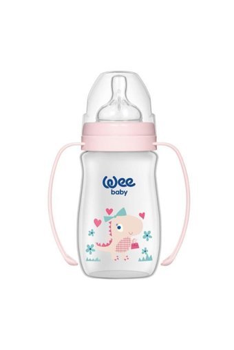 Wee Baby Klasik Plus Polipropilen Gaz Yapmayan Antikolik Yenidoğan Yavaş Akışlı Kulplu 0-6 Ay Desenli Pembe Yuvarlak Uçlu Bebek Biberon 250 ml