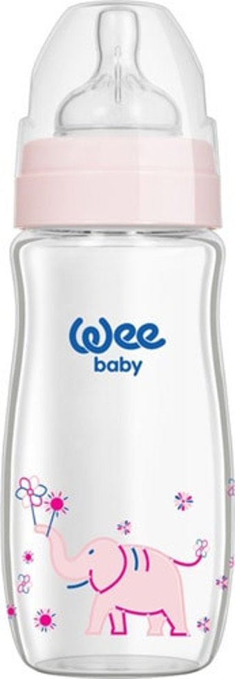 Wee Baby 141 Cam Yenidoğan Yavaş Akışlı Kulpsuz 0-6 Ay Desenli Pembe Yuvarlak Uçlu Bebek Biberon 280 ml