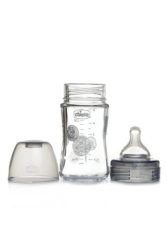 Chicco Well-Being Cam Gaz Yapmayan Antikolik Yenidoğan Yavaş Akışlı Kulpsuz 0+ Ay Desenli Gri Yuvarlak Uçlu Bebek Biberon 150 ml