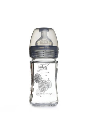 Chicco Well-Being Cam Gaz Yapmayan Antikolik Yenidoğan Yavaş Akışlı Kulpsuz 0+ Ay Desenli Gri Yuvarlak Uçlu Bebek Biberon 150 ml