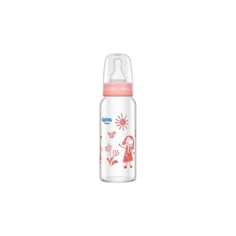 Wee Baby 771 Cam Gaz Yapmayan Antikolik Yenidoğan Yavaş Akışlı Kulpsuz 0-6 Ay Desenli Pembe Yuvarlak Uçlu Bebek Biberon 180 ml