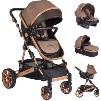Mamma Leopar Gold Çift Yönlü Katlanabilir Tek Elle Kapanan 360 Derece Dönen Tam Yatar Travel Sistem Bebek Arabası Kahverengi