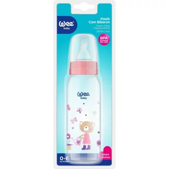 Wee Baby 876 Cam Gaz Yapmayan Antikolik Yenidoğan Yavaş Akışlı Kulpsuz 0-6 Ay Desenli Pembe Yuvarlak Uçlu Bebek Biberon 250 ml