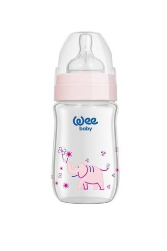 Wee Baby 140 Cam Yenidoğan Yavaş Akışlı Kulpsuz 0-6 Ay Desenli Pembe Yuvarlak Uçlu Bebek Biberon 180 ml