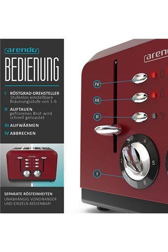 Arendo 303250 4 Dilim Kırıntı Tepsili Telli 1630 W Bordo Ekmek Kızartma Makinesi