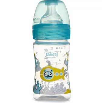 Chicco Yeni Well-Being Polipropilen Gaz Yapmayan Antikolik Yenidoğan Yavaş Akışlı Kulpsuz 0+ Ay Desenli Mavi Yuvarlak Uçlu Bebek Biberon 150 ml