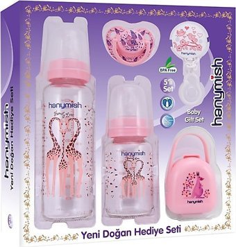 Hanymish 651 Cam Gaz Yapmayan Antikolik Yenidoğan Kulpsuz 0+ Ay Desenli Renkli Yuvarlak Uçlu Bebek Biberon Seti 240 ml + 125 ml