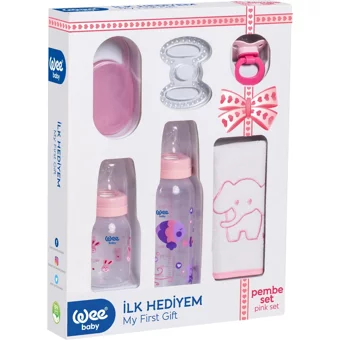 Wee Baby İlk Hediyem Polipropilen Gaz Yapmayan Antikolik Kulpsuz Desenli Pembe Yuvarlak Uçlu Bebek Biberon