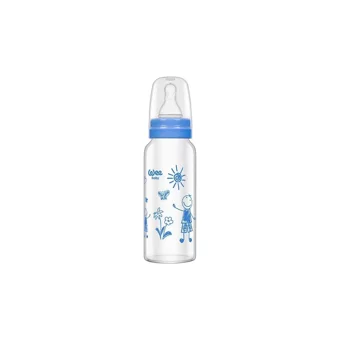 Wee Baby KOD-140 Cam Gaz Yapmayan Antikolik Kulpsuz Desenli Mavi Yuvarlak Uçlu Bebek Biberon 180 ml