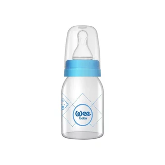 Wee Baby Klasik Cam Gaz Yapmayan Antikolik Yenidoğan Kulpsuz 0-6 Ay Desenli Mavi Yuvarlak Uçlu Bebek Biberon 125 ml