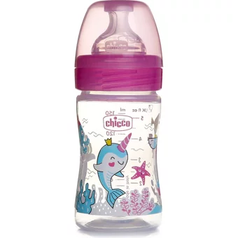 Chicco Yeni Well-Being Polipropilen Gaz Yapmayan Antikolik Yenidoğan Yavaş Akışlı Kulpsuz 0+ Ay Desenli Pembe Yuvarlak Uçlu Bebek Biberon 150 ml