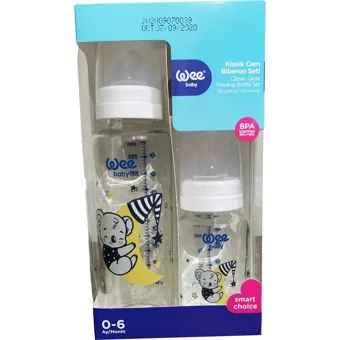 Wee Baby Klasik Cam Gaz Yapmayan Antikolik Yenidoğan Kulpsuz 0-6 Ay Desenli Beyaz Yuvarlak Uçlu Bebek Biberon Seti 250 ml + 125 ml