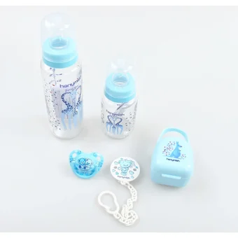 Hanymish Polipropilen Yenidoğan Kulpsuz 0+ Ay Desenli Mavi Yuvarlak Uçlu Bebek Biberon Seti 125 ml + 240 ml