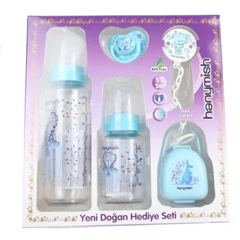 Hanymish Polipropilen Yenidoğan Kulpsuz 0+ Ay Desenli Mavi Yuvarlak Uçlu Bebek Biberon Seti 125 ml + 240 ml
