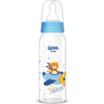 Wee Baby Klasik Cam Gaz Yapmayan Antikolik Yenidoğan Yavaş Akışlı Kulpsuz 0-6 Ay Desenli Mavi Yuvarlak Uçlu Bebek Biberon 250 ml