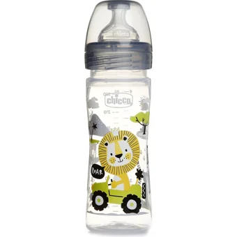 Chicco Yeni Well-Being Polipropilen Gaz Yapmayan Antikolik Orta Akışlı Kulpsuz 2+ Ay Desenli Gri Yuvarlak Uçlu Bebek Biberon 250 ml