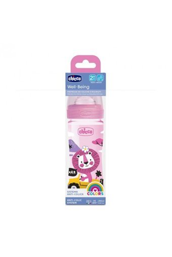 Chicco Well-Being Polipropilen Gaz Yapmayan Antikolik Orta Akışlı Kulpsuz 2+ Ay Desenli Pembe Yuvarlak Uçlu Bebek Biberon 250 ml
