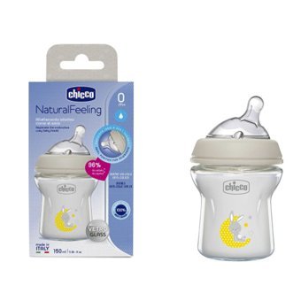 Chicco Natural Feeling Cam Gaz Yapmayan Antikolik Yenidoğan Orta Akışlı Kulpsuz 0+ Ay Beyaz Yuvarlak Uçlu Bebek Biberon 150 ml