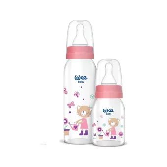 Wee Baby Klasik Cam Gaz Yapmayan Antikolik Yenidoğan Kulpsuz 0+ Ay Desenli Pembe Yuvarlak Uçlu Bebek Biberon Seti 125 ml + 250 ml