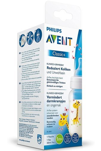 Philips Avent Classic+ Polipropilen Gaz Yapmayan Antikolik Yavaş Akışlı Kulpsuz 1+ Ay Desenli Şeffaf Yuvarlak Uçlu Bebek Biberon 260 ml