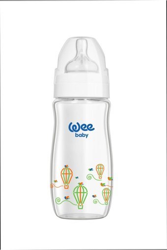 Wee Baby Klasik Plus Cam Gaz Yapmayan Antikolik Yenidoğan Yavaş Akışlı Kulpsuz 0-6 Ay Desenli Beyaz Yuvarlak Uçlu Bebek Biberon 280 ml