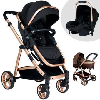 Baby Home BH-955 Gold Vip Çift Yönlü Katlanabilir 360 Derece Dönen Tam Yatar Travel Sistem Bebek Arabası Siyah