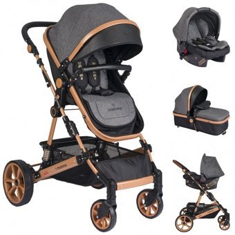 Mamma Leopar Gold Çift Yönlü Katlanabilir Tek Elle Kapanan 360 Derece Dönen Tam Yatar Travel Sistem Bebek Arabası Siyah