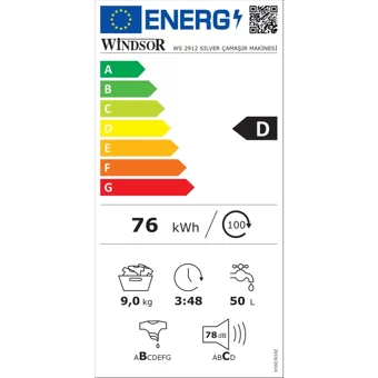 Windsor WS 2912 S 9 kg 1200 Devir D Enerji Sınıfı Beyaz Solo Çamaşır Makinesi