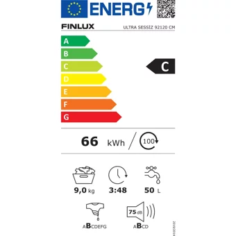 Finlux 92120 CM 9 kg 1200 Devir C Enerji Sınıfı Beyaz Solo Çamaşır Makinesi