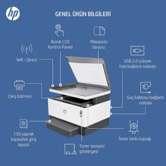HP Neverstop Laser MFP 1200n (5HG87A) Siyah-Beyaz Fotokopi Tarayıcı Mono Çok Fonksiyonlu Tonersiz Lazer Yazıcı