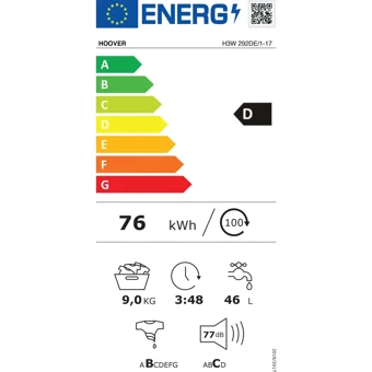 Hoover H3WS 292DE/1-17 9 kg 1200 Devir D Enerji Sınıfı Buharlı Beyaz Solo Çamaşır Makinesi