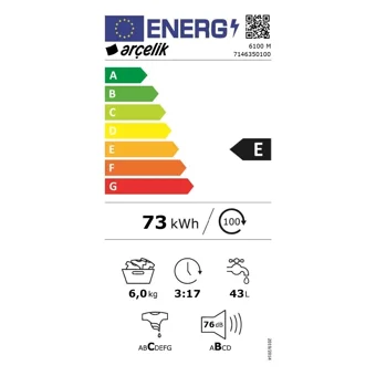 Arçelik 6100 M 6 kg 1000 Devir E Enerji Sınıfı Beyaz Solo Çamaşır Makinesi
