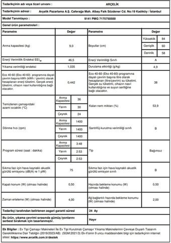 Arçelik 9141 PMG 1400 9 kg 1400 Devir A Enerji Sınıfı Buharlı Gri Solo Çamaşır Makinesi