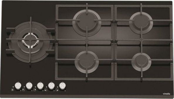 Vinola MOG.9120.111.01 Wok Gözlü Siyah Cam 5 Gözlü Doğalgazlı Ankastre Ocak