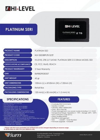 Hi-Level Platinum HLV-SSD30PLTS12/2T SATA 2 TB 2.5 inç SSD