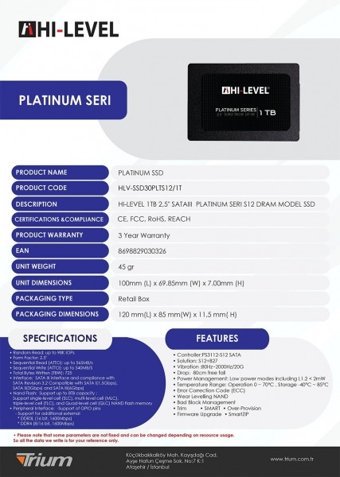 Hi-Level Platinum HLV-SSD30PLTS12/1T SATA 1 TB 2.5 inç SSD