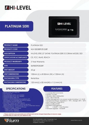 Hi-Level Platinum HLV-SSD30PLTS12/8T SATA 8 TB 2.5 inç SSD