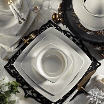 Kütahya Porselen Bone Mare 9559 62 Parça 12 Kişilik Desenli Porselen Kare Yemek Takımı