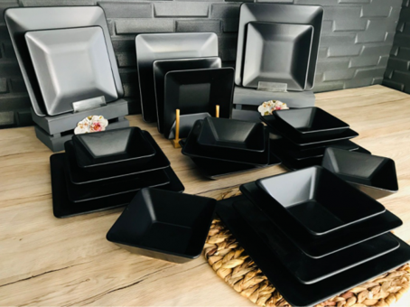 Keramika Kare Siera Mat Siyah 24 Parça 6 Kişilik Desenli Stoneware Kare Yemek Takımı
