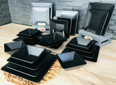 Keramika Kare Siera Mat Siyah 24 Parça 6 Kişilik Desenli Stoneware Kare Yemek Takımı