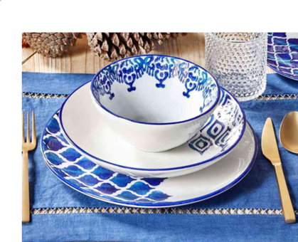 Bella Maison Blue Tile Seramik 48 Parça 12 Kişilik Desenli Seramik Yuvarlak Yemek Takımı