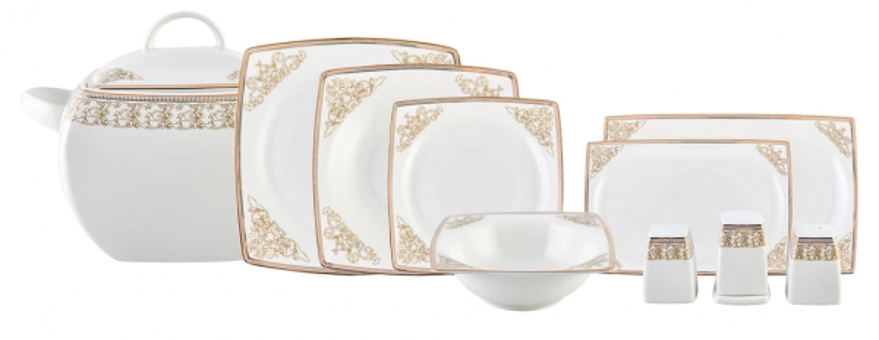 Emsan Fine Bone Masal Gold 61 Parça 12 Kişilik Desenli Fine Bone Kare Yemek Takımı
