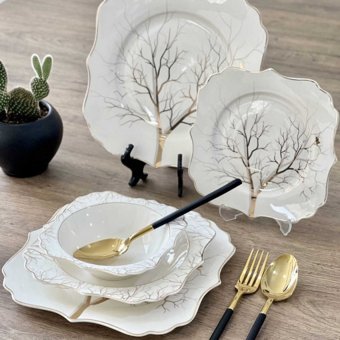 Acar Norwood 24 Parça 6 Kişilik Desenli Porselen Kare Yemek Takımı