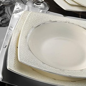 Kütahya Porselen Bone Mare 1137420 62 Parça 12 Kişilik Desenli Porselen Kare Yemek Takımı