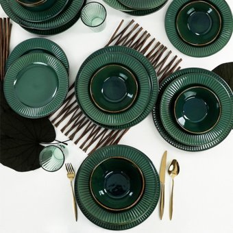 Keramika Zümrüt Line 24 Parça 6 Kişilik Desenli Stoneware Yuvarlak Yemek Takımı