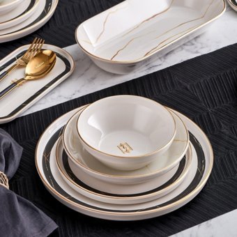 Neva Marble Plus N3256 27 Parça 6 Kişilik Desenli Porselen Yuvarlak Yemek Takımı