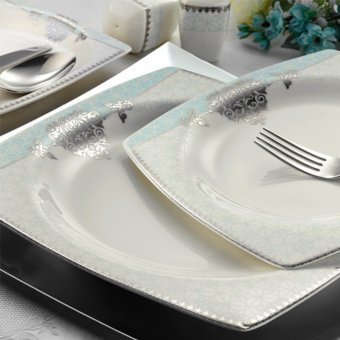 Kütahya Porselen Kare Bone 9678 62 Parça 12 Kişilik Desenli Porselen Kare Yemek Takımı
