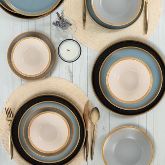 Keramika Safir 24 Parça 6 Kişilik Desenli Stoneware Yuvarlak Yemek Takımı