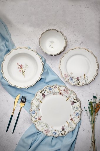 Paçi Bone China P/POR-101324 24 Parça 6 Kişilik Desenli New Bone Yuvarlak Yemek Takımı